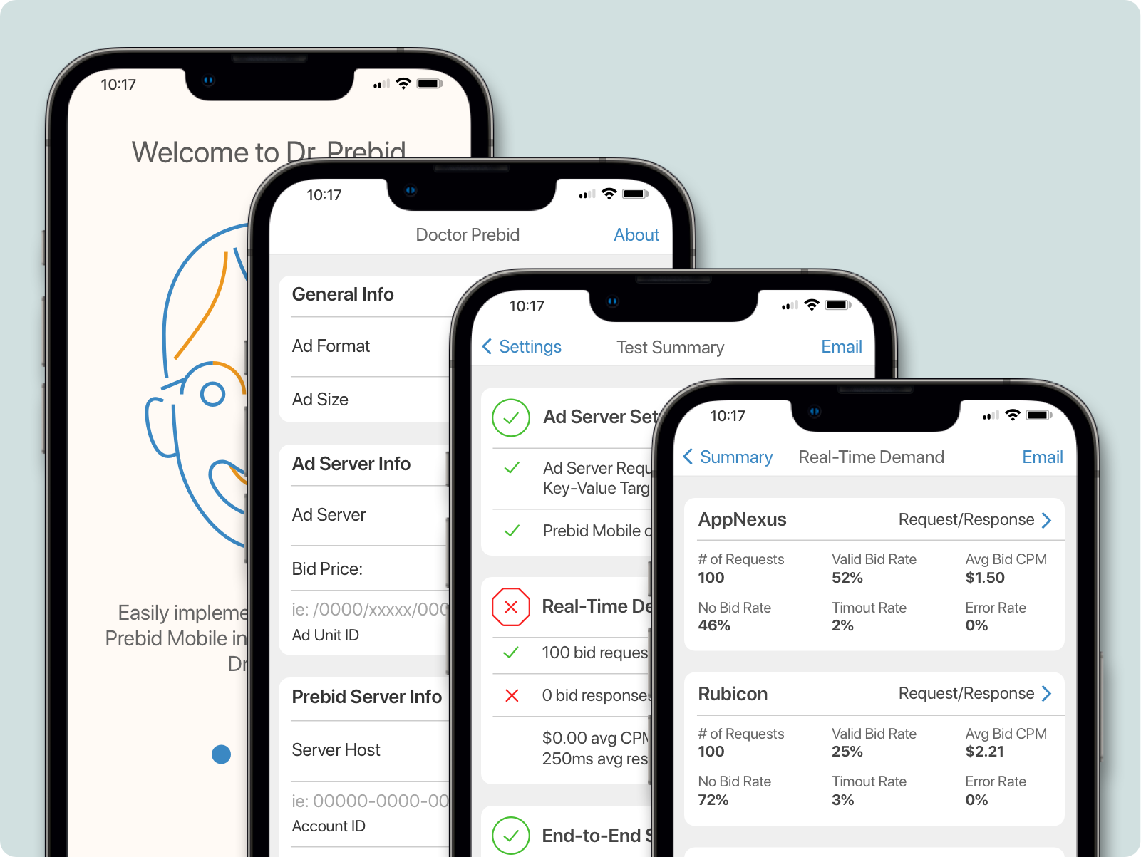 A screenshot of my designs for our user facing Prebid Mobile troubleshooting app.