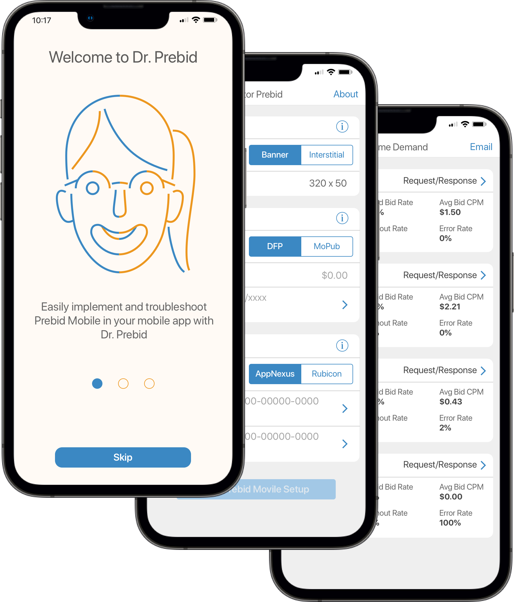 Three screenshots of the Dr Prebid mobile app.