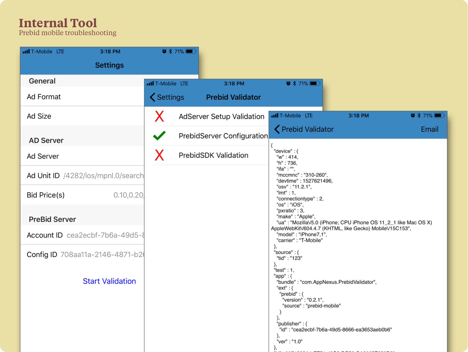 Screenshots showing the internal troubleshooting app that Dr Prebid was based on.
