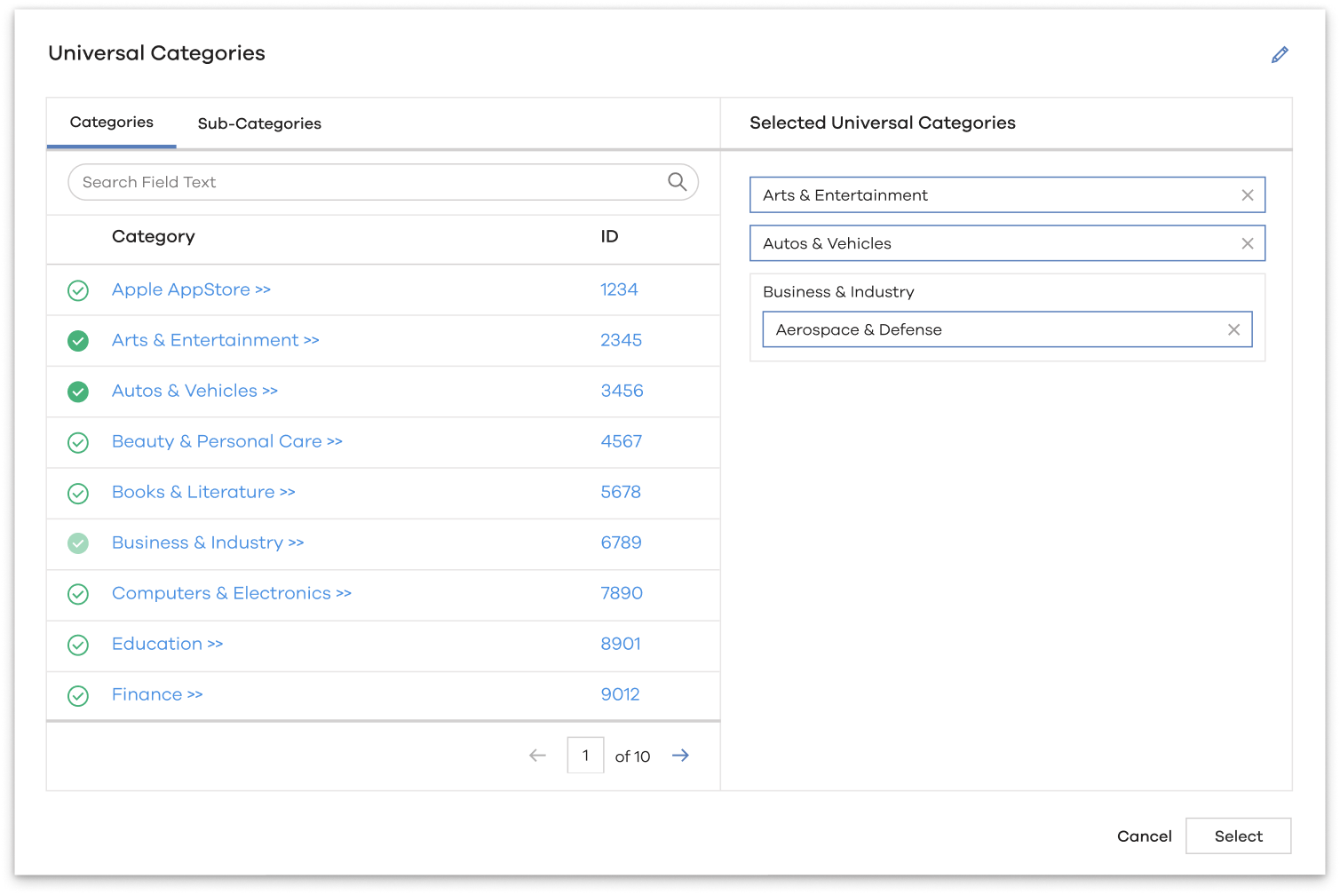 Screenshot of the Universal Categories selection modal.
